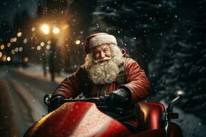 de kerstman claus het rijden rood sport- auto Aan Kerstmis dag, leveren presenteert.. ai gegenereerd foto