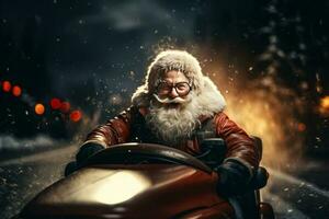 de kerstman claus het rijden rood sport- auto Aan Kerstmis dag, leveren presenteert.. ai gegenereerd foto