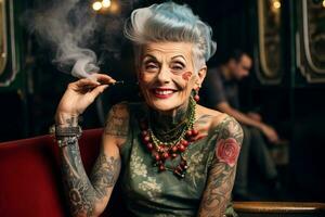 glimlachen oud getatoeëerd mode vrouw met stoutmoedig haar- roken een sigaret. ai gegenereerd foto