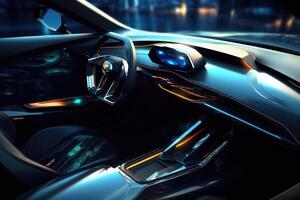 futuristische interieur van luxe auto. technologie auto dashboard. generatief ai foto