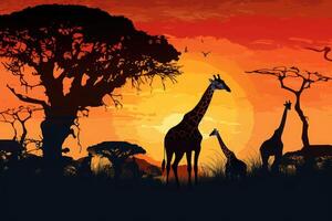 silhouet van Afrikaanse dieren. giraffe Bij zonsondergang in de buurt bomen. generatief ai foto