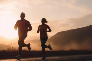 paar rennen samen. mannetje en vrouw atleet joggen. generatief ai foto