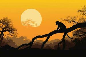 silhouet van aap Bij zonsondergang. dier in wild natuur. generatief ai foto