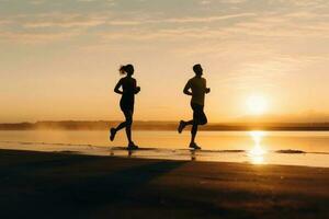 paar rennen samen. mannetje en vrouw atleet joggen. generatief ai foto