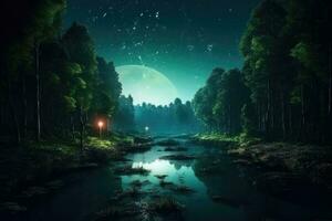 fantasie landschap met magie Woud Bij nacht. natuur achtergrond. generatief ai foto