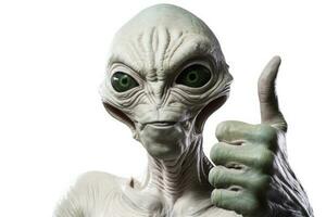 buitenaards wezen humanoid shows duim omhoog gebaar Aan wit achtergrond. generatief ai foto