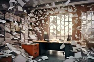 documenten vliegend over- werkplek. rommel in kantoor. generatief ai foto