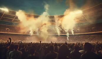 Amerikaans voetbal stadion met lit lichten, fakkels en rook bommen. generatief ai foto