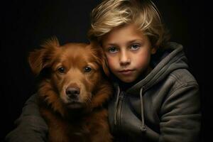 jongen en hond portret. huisdier zorg. mensen emoties. generatief ai foto