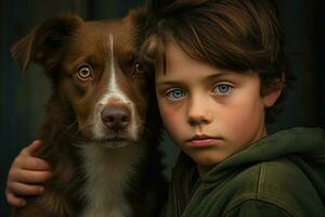 jongen en hond portret. huisdier zorg. mensen emoties. generatief ai foto