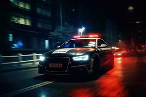 Politie auto met knipperlicht lichten Bij nacht straat. generatief ai foto
