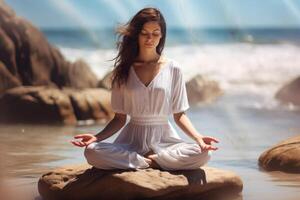 vrouw mediteren Aan strand. mentaal Gezondheid en meditatie. generatief ai foto