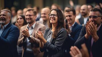 bedrijf mensen klappen Bij conferentie. generatief ai foto