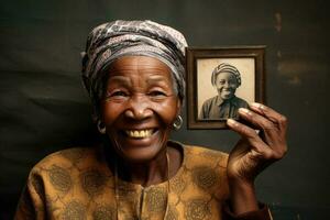 ouderen zwart vrouw houdt een oud fotograaf in haar handen. generatief ai foto