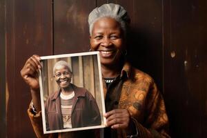 ouderen zwart vrouw houdt een oud fotograaf in haar handen. generatief ai foto