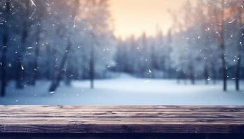 leeg houten tafel in voorkant van winter landschap wazig achtergrond.ai gegenereerd foto