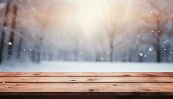 leeg houten tafel in voorkant van winter landschap wazig achtergrond.ai gegenereerd foto