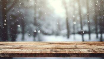 leeg houten tafel in voorkant van winter landschap wazig achtergrond.ai gegenereerd foto