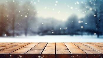 leeg houten tafel in voorkant van winter landschap wazig achtergrond.ai gegenereerd foto