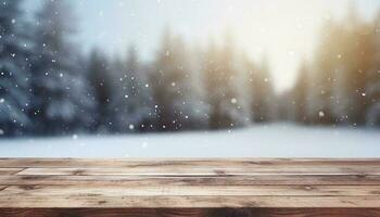 leeg houten tafel in voorkant van winter landschap wazig achtergrond.ai gegenereerd foto