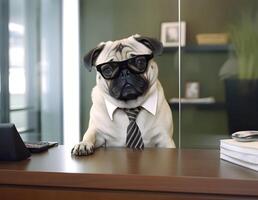 depressief mopshond hond werken in kantoor. concept van officier, Voorzitter, chef of baas. ai gegenereerd beeld foto