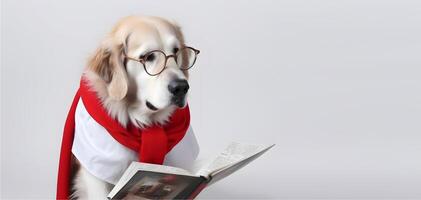 schattig huisdier hond met bril en geopend boek. ai gegenereerd. foto