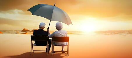 ouderen paar zittend Bij zonsondergang strand. concept van ouderen liefde. ai gegenereerd foto