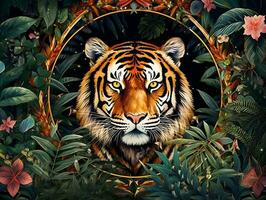 tijger portret in oerwoud, kunst deco stijl foto