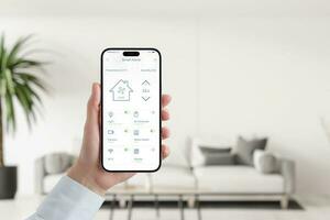 slim huis app concept Aan mobiel huis in vrouw hand. leven kamer interieur in achtergrond foto