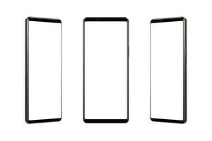 groot zwart smartphone met geïsoleerd in wit, blanco Scherm in drie posities. schoon wit achtergrond voor effectief afzet van digitaal aanbiedingen foto