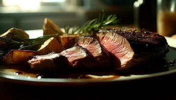 gegrild entrecote steak filet Aan bord met vers groenten gegenereerd door ai foto
