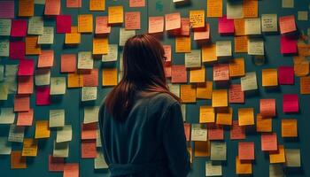 jong zakenvrouw brainstorming ideeën Aan multi gekleurde muur gegenereerd door ai foto