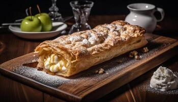 vers gebakken appel strudel Aan rustiek hout tafel gegenereerd door ai foto