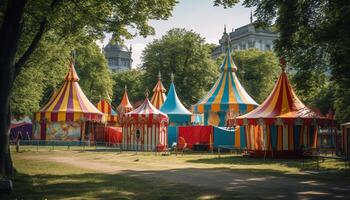 multi gekleurde carnaval tent, fase, en amusement rijden gegenereerd door ai foto