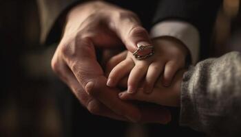 pasgetrouwde paar Holding handen, bruiloft ringen verenigen gegenereerd door ai foto