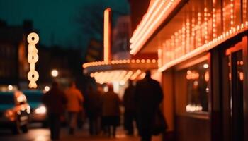 gloeiend stadsgezicht, wazig beweging, nachtleven viering pret gegenereerd door ai foto