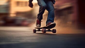 skateboarden mannen in stad, het uitvoeren van extreem stunts gegenereerd door ai foto