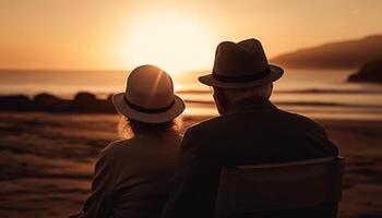 heterosexual paar genieten van romantisch zonsondergang vakantie samen gegenereerd door ai foto