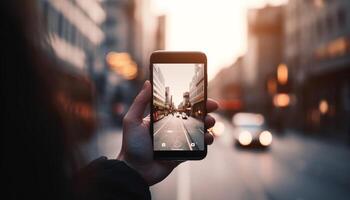 hand- Holding slim telefoon vangt stadsgezicht Bij schemer gegenereerd door ai foto