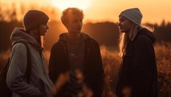 jong volwassenen lachend, wandelen, genieten van herfst avontuur gegenereerd door ai foto