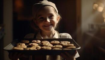 schattig meisjes bakken eigengemaakt chocola koekjes binnenshuis gelukkig gegenereerd door ai foto