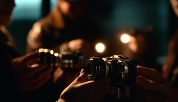 jong volwassenen Holding fotografisch apparatuur, filmen samen binnenshuis gegenereerd door ai foto