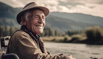 senior Mens glimlachen Aan berg vakantie avontuur gegenereerd door ai foto