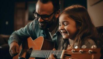 familie bonding door muziek, spelen gitaar samen gegenereerd door ai foto