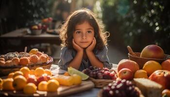 glimlachen meisje Holding vers fruit, genieten van buitenshuis gegenereerd door ai foto