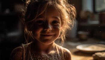 schattig meisje lachend, genieten van Koken in keuken gegenereerd door ai foto