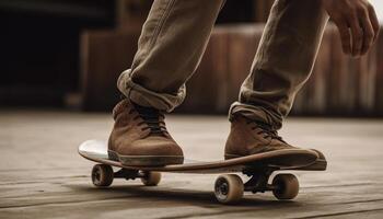 sport- schoen Aan skateboard, Mens in beweging gegenereerd door ai foto