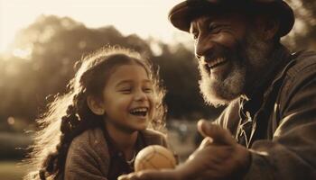 opa Holding bal, zorgeloos familie genieten van zonsondergang gegenereerd door ai foto