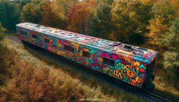 stoom- trein snelheden door herfst Woud landschap gegenereerd door ai foto
