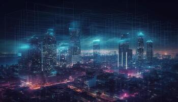 gloeiend wolkenkrabbers verlichten de futuristische stadsgezicht Bij nacht gegenereerd door ai foto